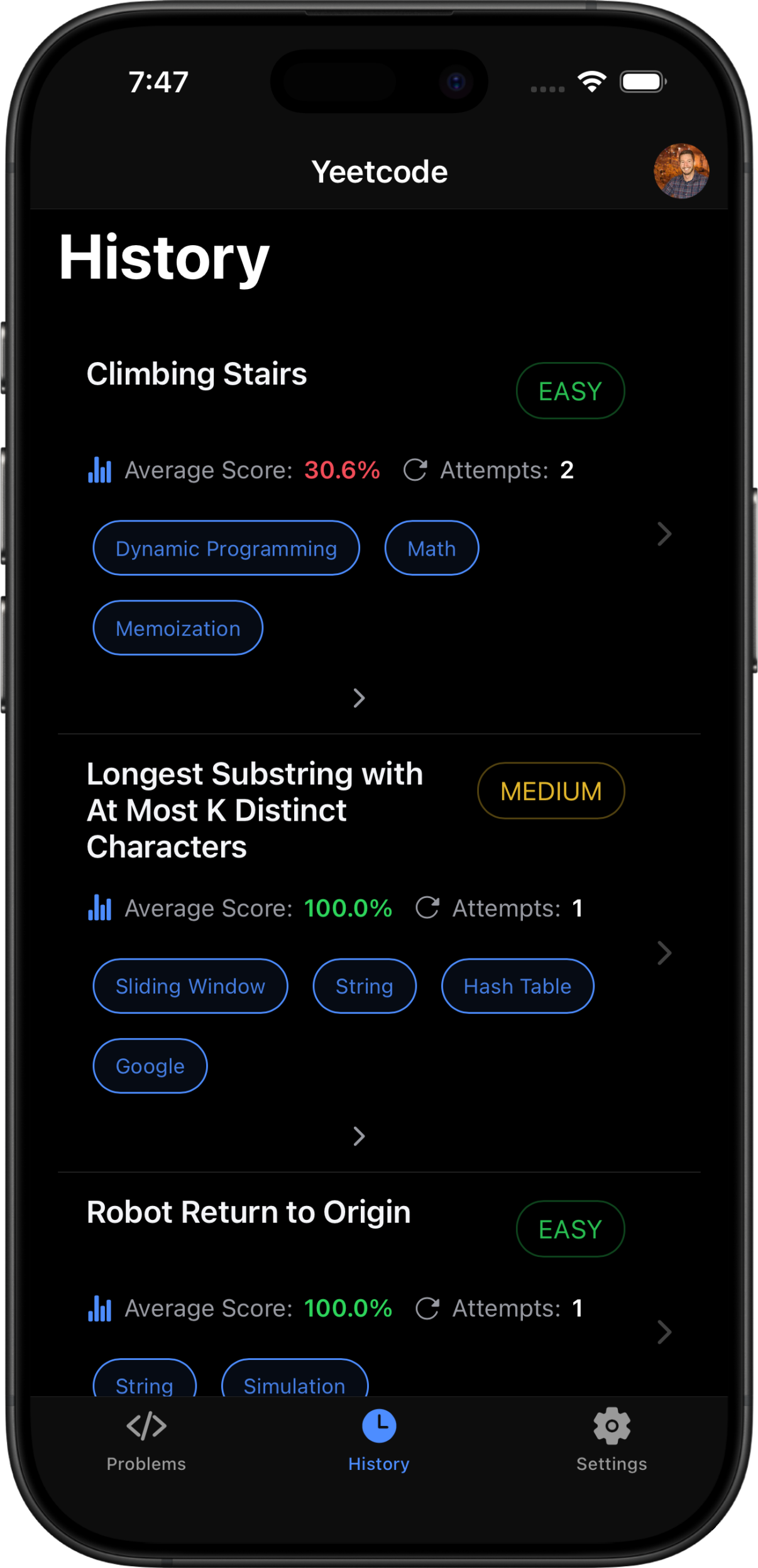 Track your progress and problem history