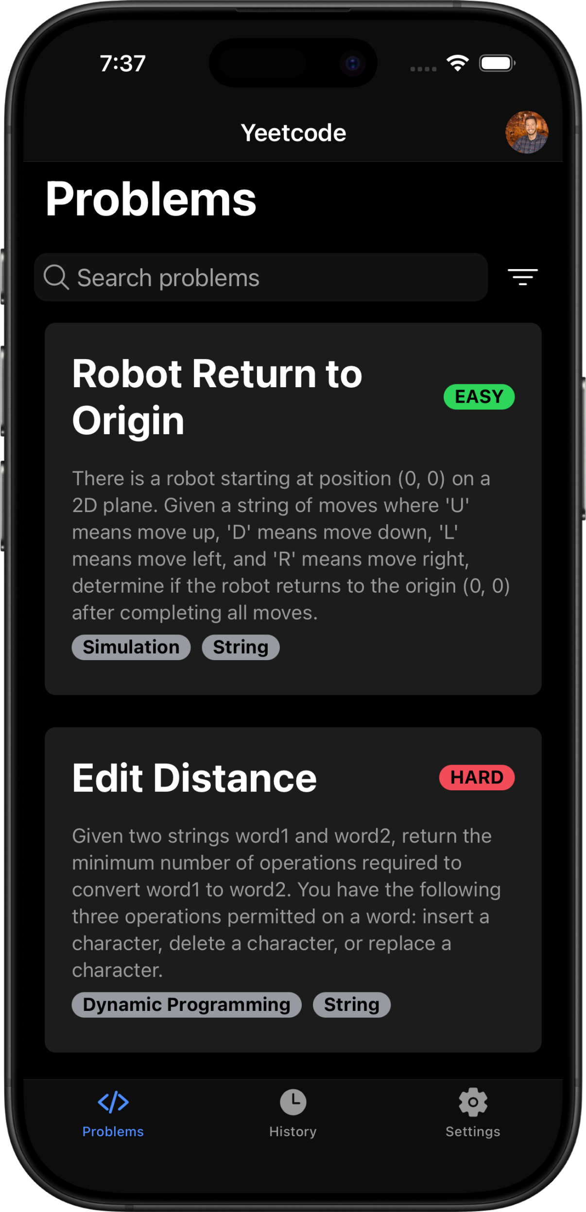 Yeetcode problem list showing 200+ curated coding problems